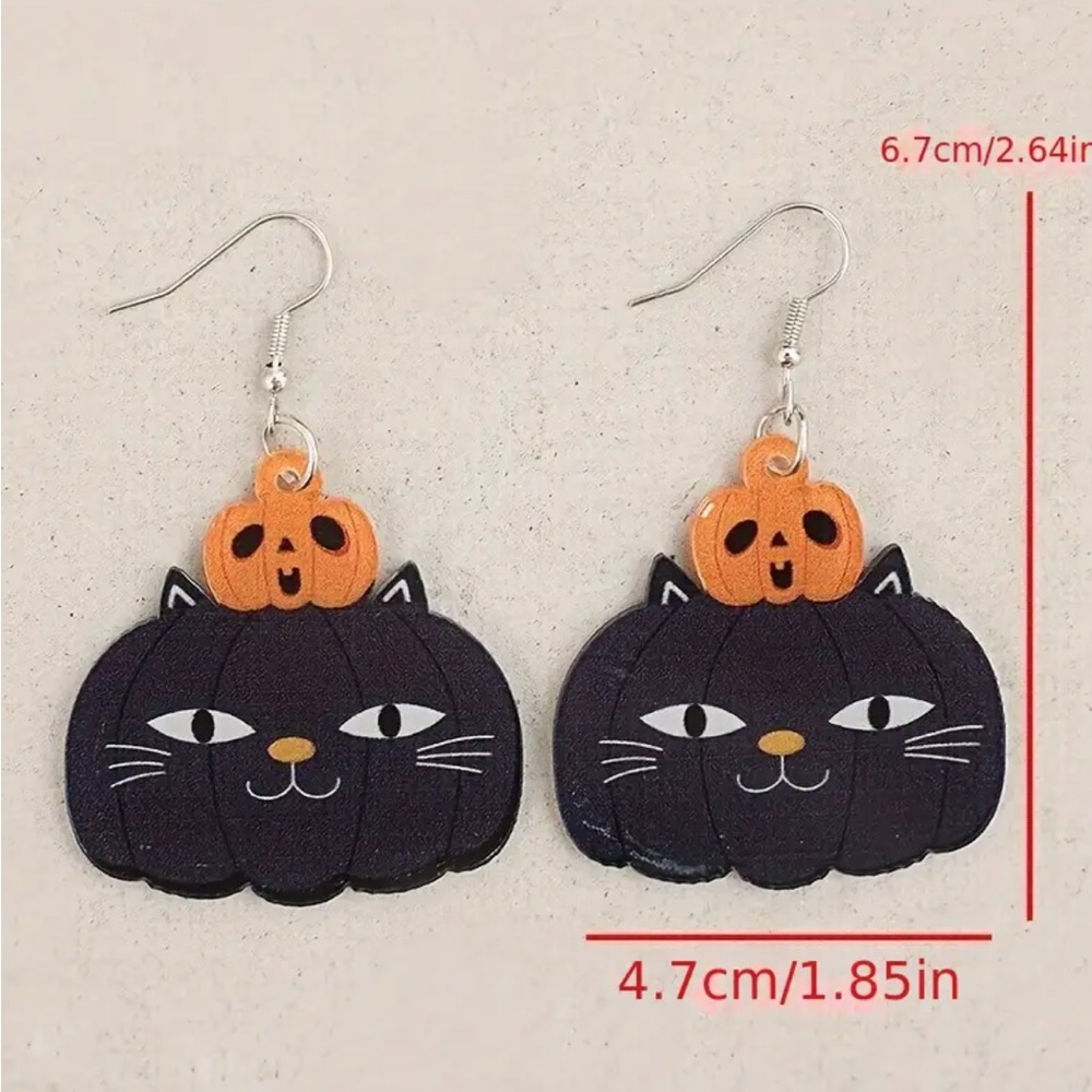Halloween Pumpkin Black Cat Dangle Earrings - Picture 3 of 3
